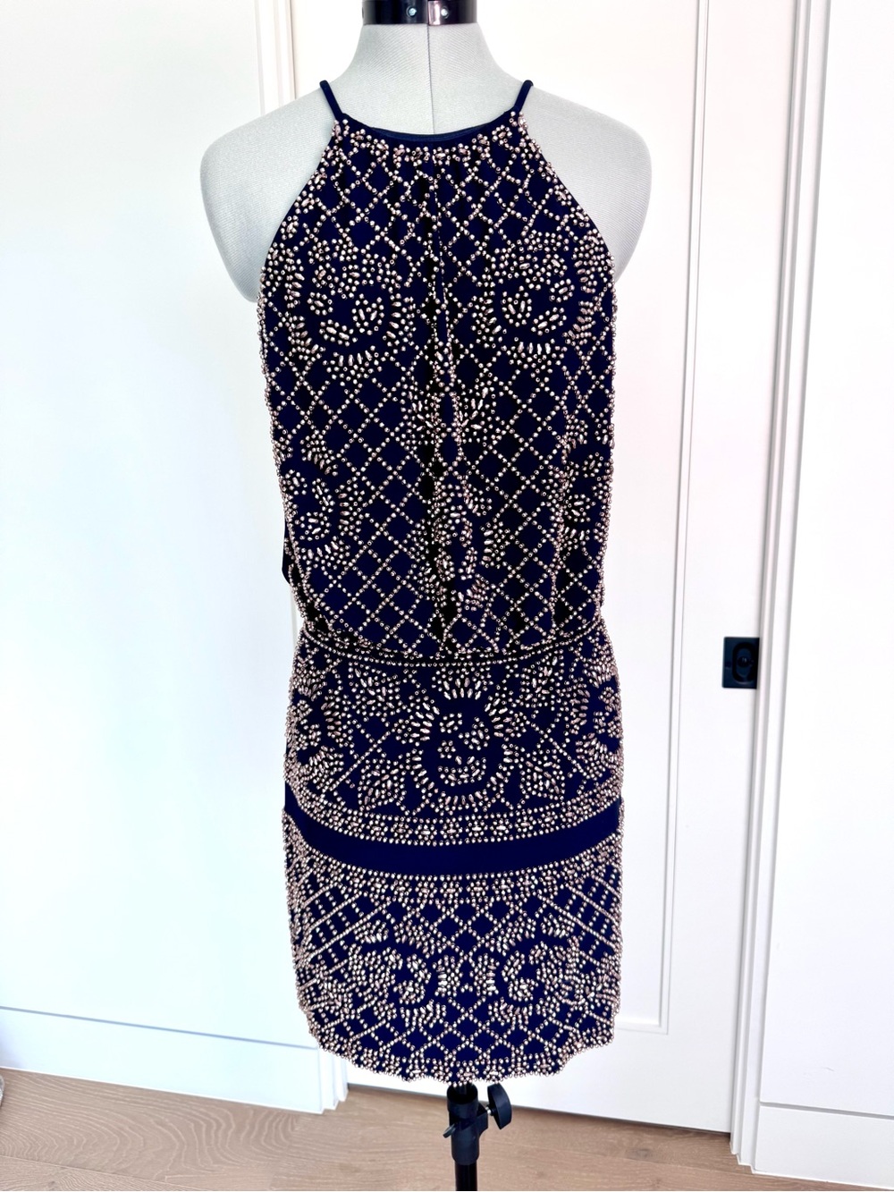 Navy Halter Mini Dress with Gold Beadwork